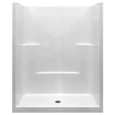 White Ella accessible shower stall with built-in side shelves, center floor drain, and barrier-free low-threshold base