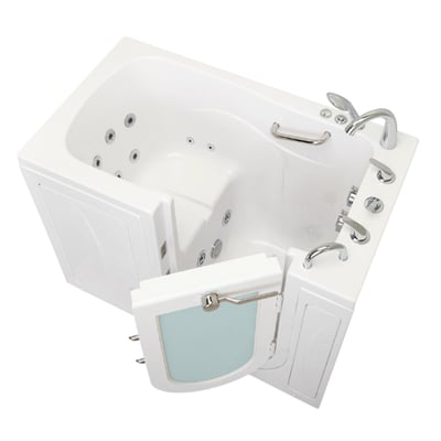 Bañera de hidromasaje con puerta Ella con puerta abatible hacia fuera abierta, chorros de hidromasaje, grifo cromado y ducha de mano