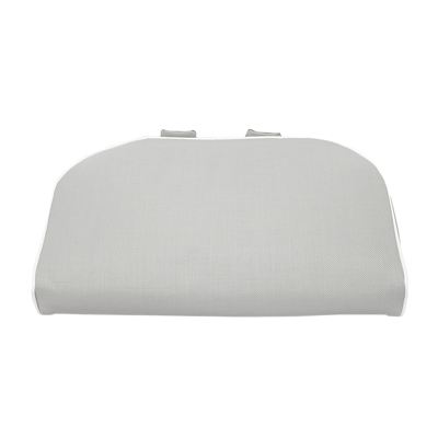 Gray padded seat pillow and riser accessory for walk-in tubs with white trim and strap attachments