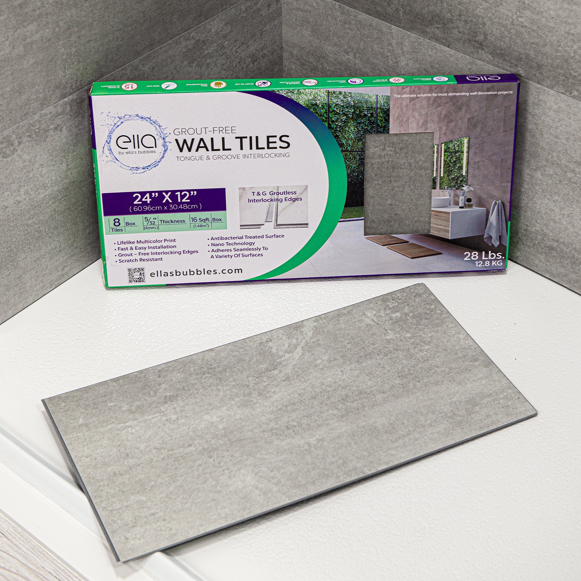 Ella's Bubbles grout-free wall tile box with a single 24x12 inch brushed concrete interlocking tile displayed in front