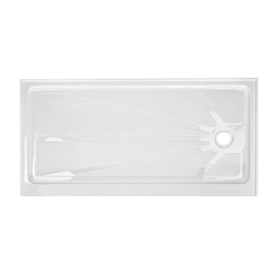 Top-down view of Ella 60x30 white acrylic shower base with low 3-inch threshold and right-side drain position