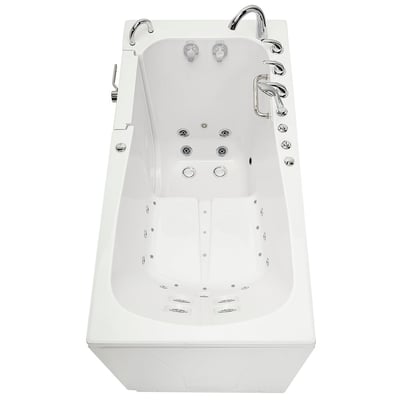 Overhead view of Ella Big4Two walk-in tub interior showing dual hydro and air massage jets with chrome faucet controls and outward swing door