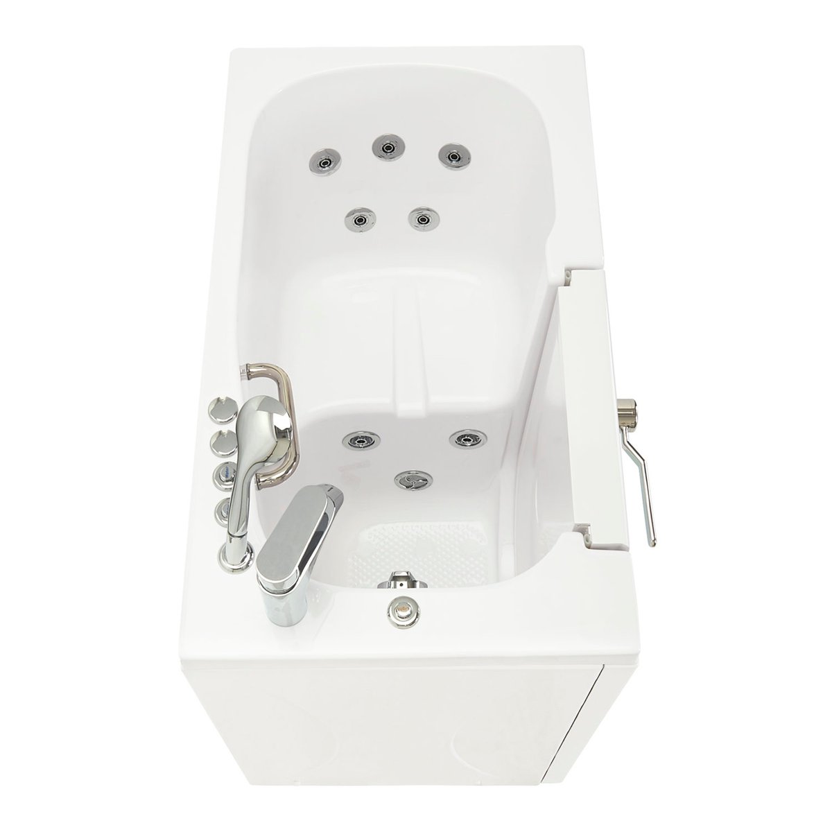 Vista cenital del interior de una bañera con puerta Ella Mobile en la que se ven el pestillo de la puerta con apertura hacia fuera, los hidrojets, el asiento y el grifo cromado