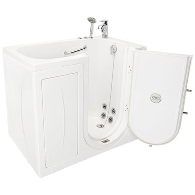 Ella Mobile walk-in tub with outward swing door open showing hydro jets, grab bar, and chrome faucet set