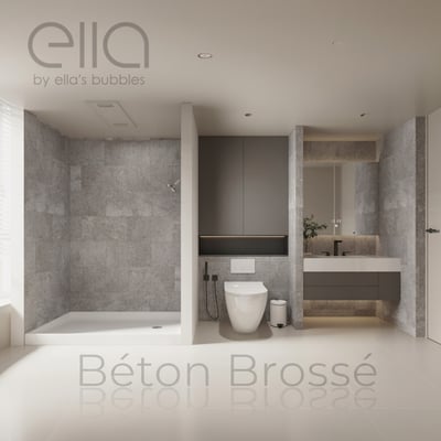 Panneaux muraux de douche emboîtables sans joint de coulis aspect béton brossé tapissant une cabine de douche à l'italienne moderne avec receveur blanc