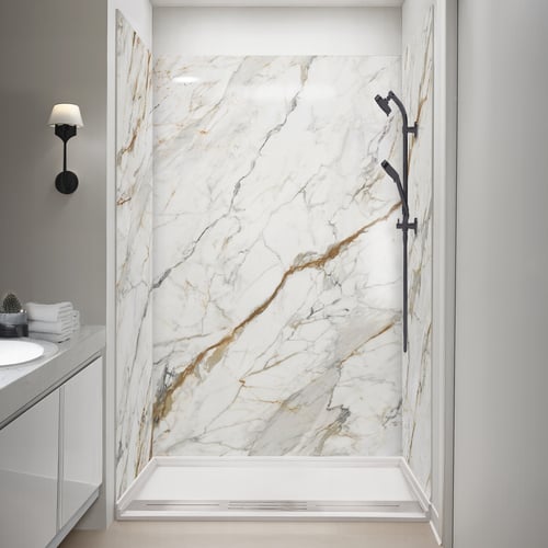 Ella accessible shower stall with Calacatta Luxor marble-look wall panels and matte black handheld showerhead on slide bar