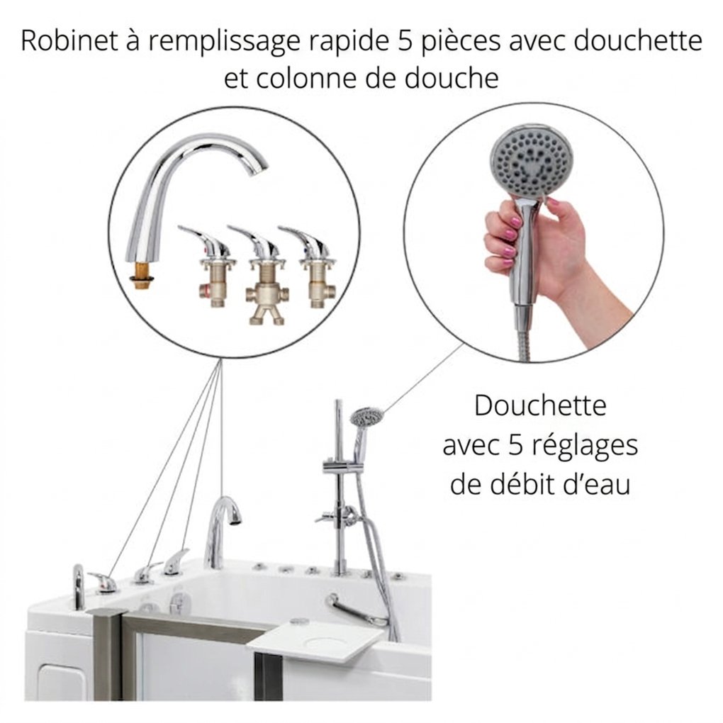 Kit colonne de douche pour baignoire à porte Ella, avec robinetterie sur plage et douchette, doté de 5 réglages de débit d’eau.