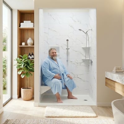 Smiling senior man in blue robe seated comfortably on a bariatric corner shower seat inside a walk-in accessible shower stall