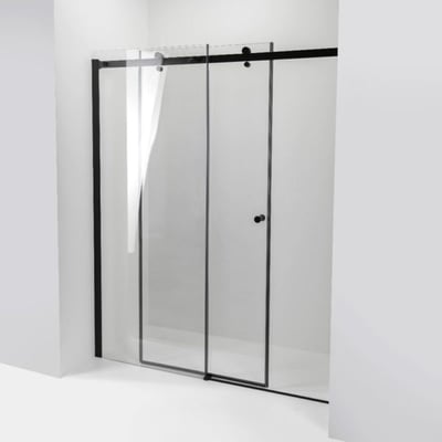 Puerta de ducha corredera Ella Primo con marco en negro mate y paneles de vidrio templado transparente contra paredes de baño blancas