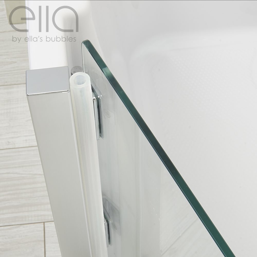 Close-up of the chrome hinges and tempered glass inward swing door seal on an Ella LayDown walk-in tub