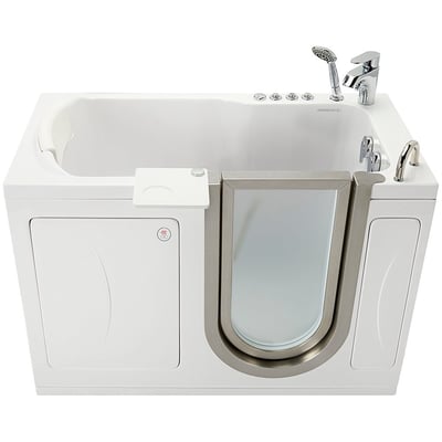 Baignoire à porte Ella Petite en acrylique blanc 28x52 po avec porte à ouverture vers l’intérieur, robinetterie chromée, douchette à main et plateau latéral