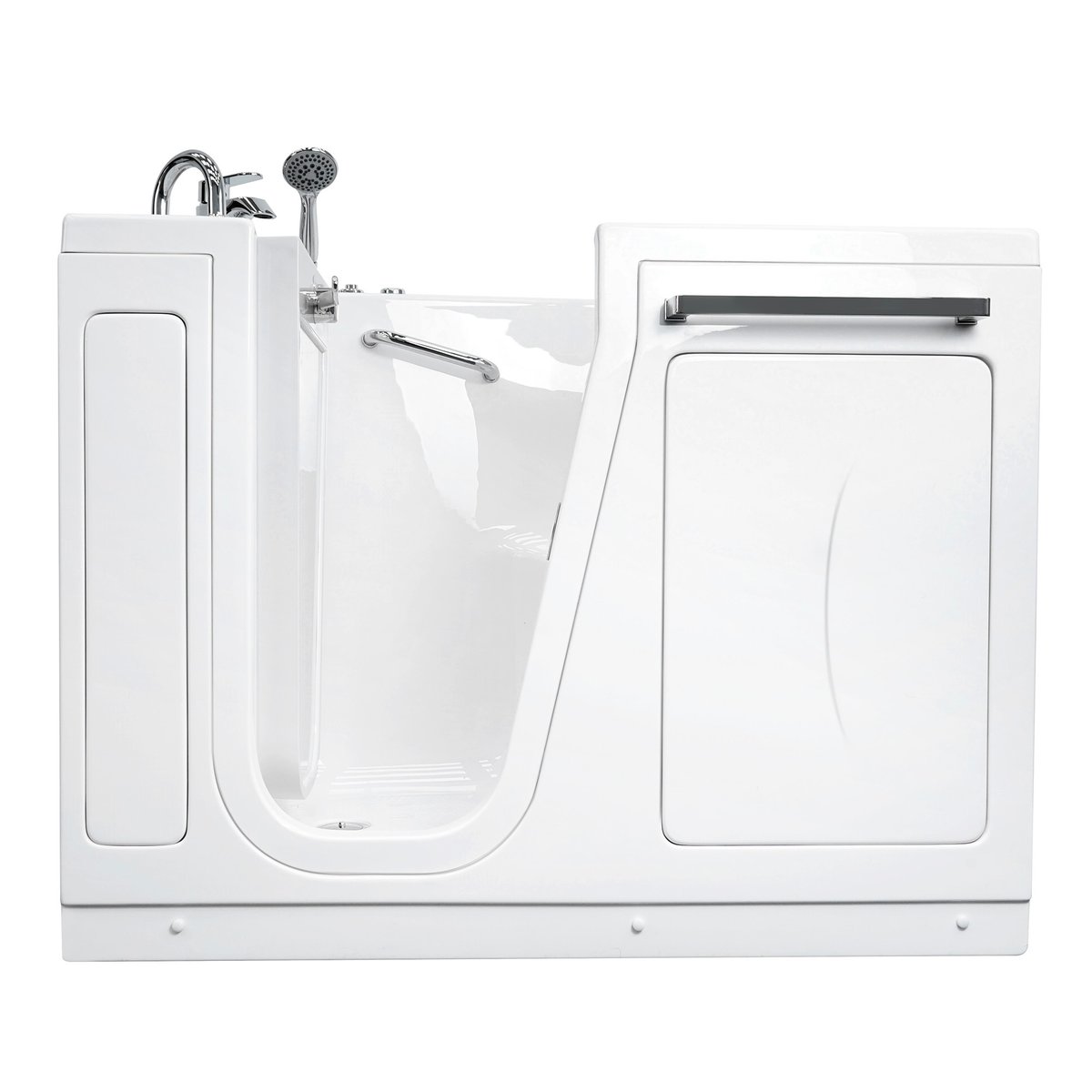 Vista frontal de una bañera con puerta Ella Zen con la puerta de apertura hacia dentro abierta, barra de apoyo cromada y ducha de mano