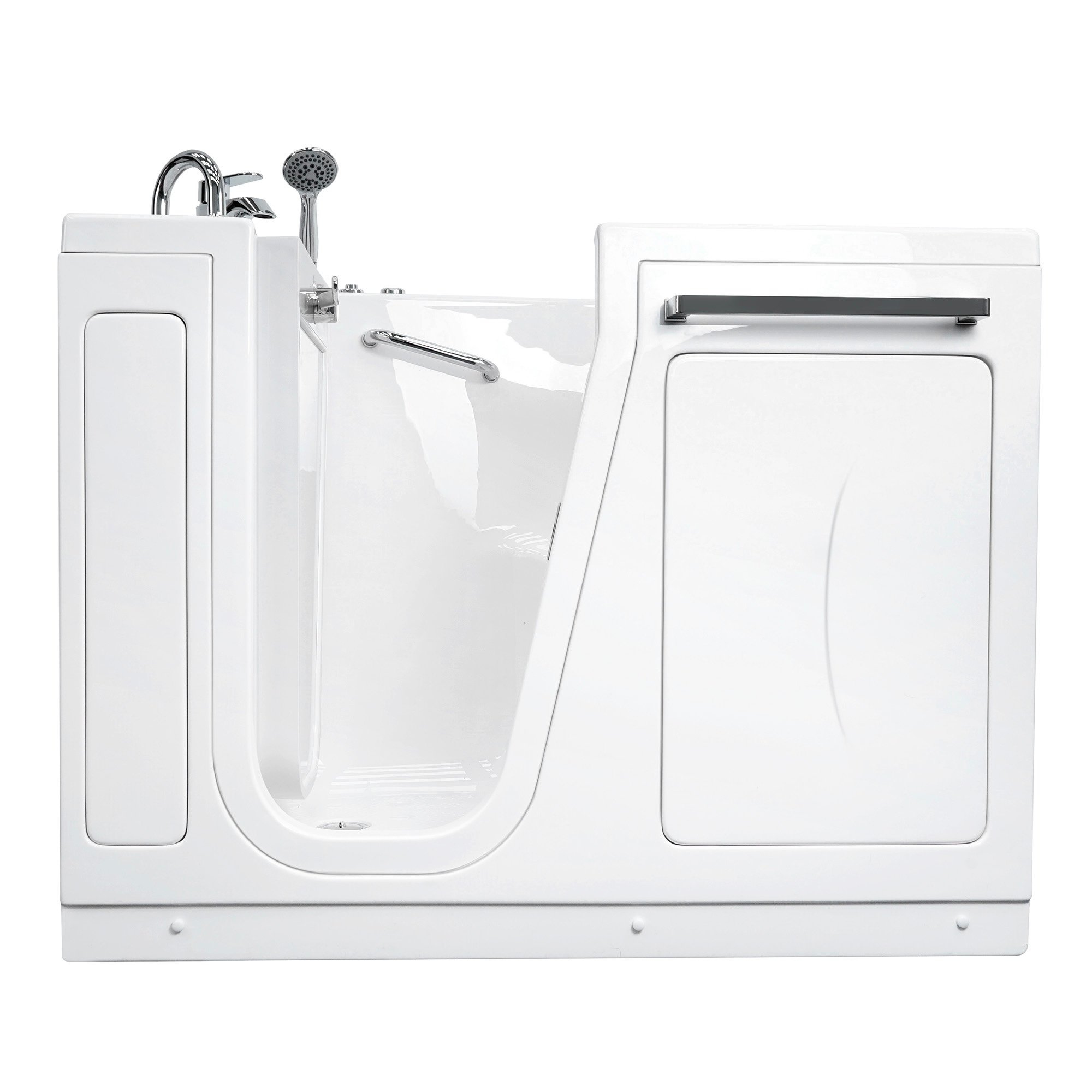 Front view of an Ella Zen walk-in tub with the inward swing door open, chrome grab bar and hand shower