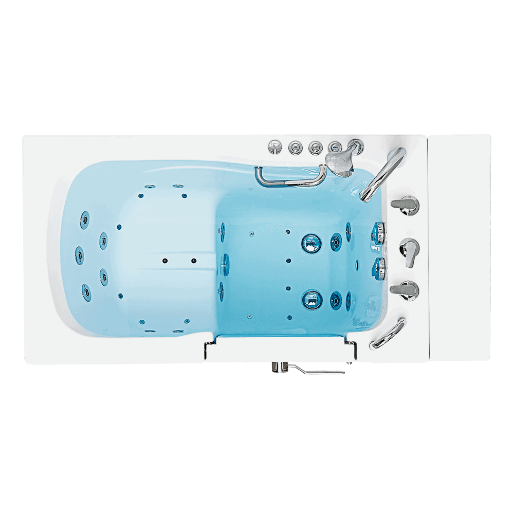 Top-down view of the Ella Capri walk-in tub showing the door and seat at one end and the faucet and drain end opposite