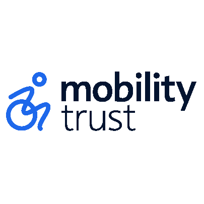 Mobility Trust logo featuring a dynamic wheelchair icon and bold text for walk-in tub financing