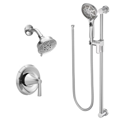 Chrome shower system with fixed showerhead, single-handle valve, and handheld shower on adjustable slide bar