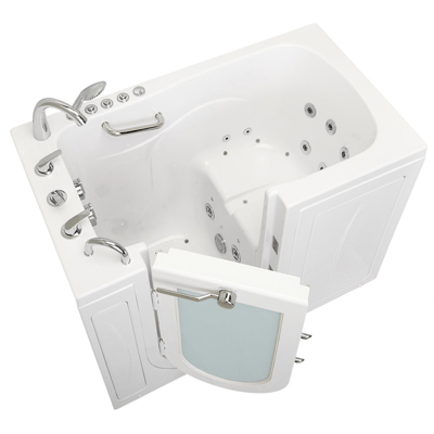Ella Capri walk-in bathtub with outward swing door open, hydro jets, chrome faucet, and grab bars - 30x52 inch white acrylic