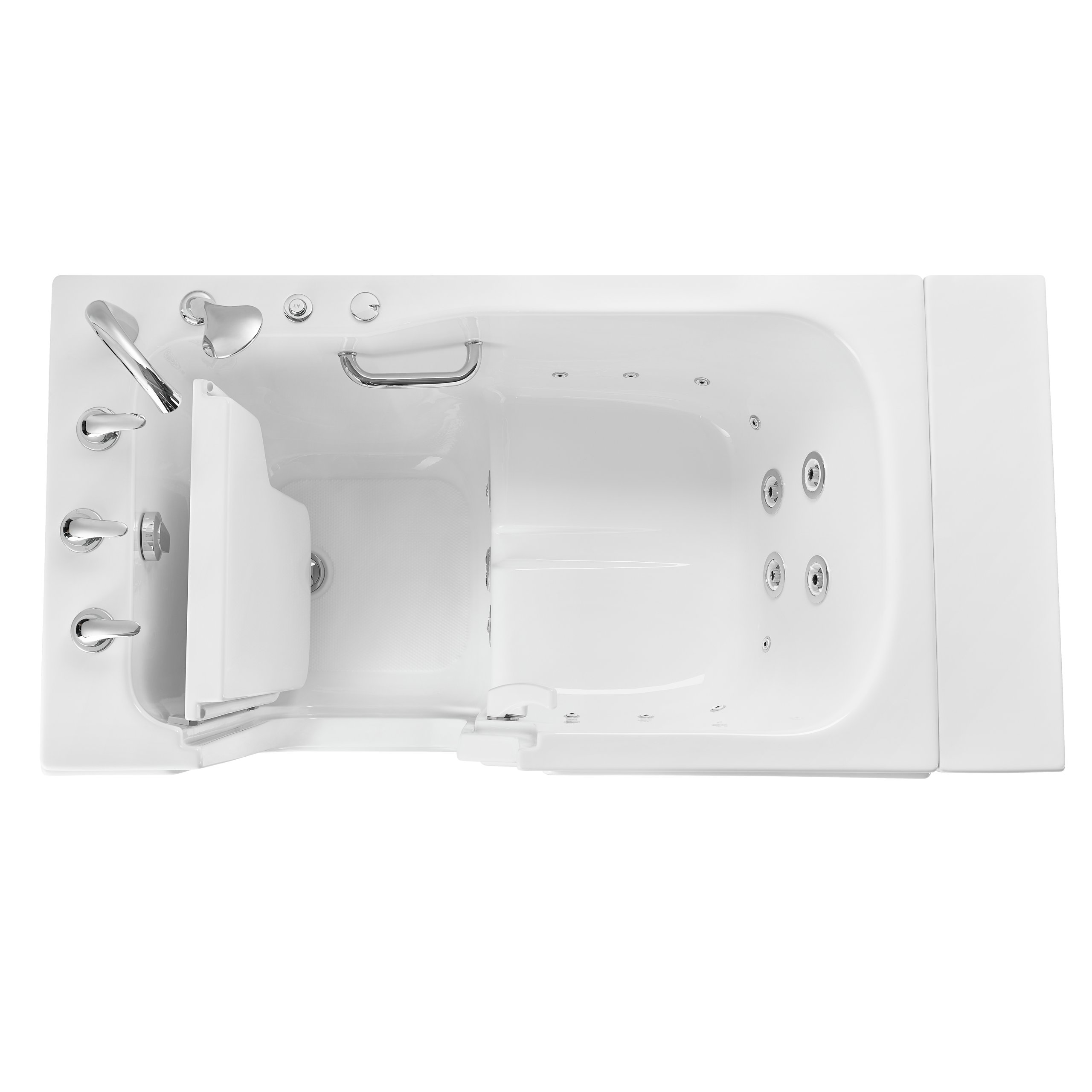 Vue de dessus d'une baignoire à porte Ella Standard avec la porte à ouverture intérieure ouverte, montrant la barre d'appui à montage sur plage, les jets hydromassants et le robinet