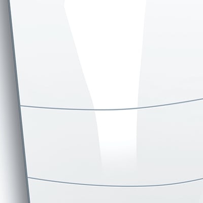 Close-up of white acrylic shower wall panels with subtle horizontal seams and glossy surface finish