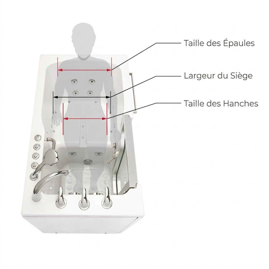 Schéma de l'intérieur d'une baignoire à porte affichant les mesures étiquetées : taille des épaules, largeur du siège et taille des hanches, avec une silhouette humaine