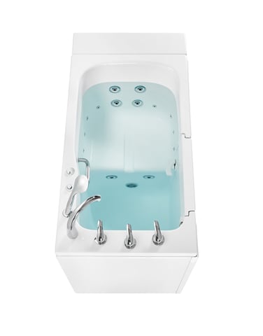Overhead view of Ella Standard 3052 walk-in tub filled with water showing hydro therapy jets, chrome faucets, and handheld shower