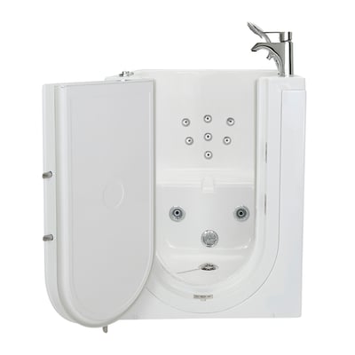 Baignoire à porte à entrée frontale avec porte battante vers l’extérieur ouverte, montrant les jets d’hydrothérapie et microjets, le siège intégré et le robinet chromé