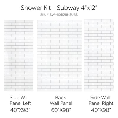 Subway tile look acrylic shower wall panels kit diagram showing two 40x98 side panels and a 60x98 back panel