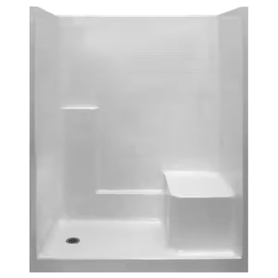 White Ella accessible shower stall with built-in corner seat, side shelf, and left-side drain on a smooth base