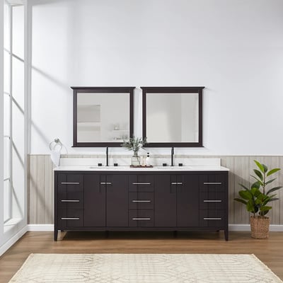 Meuble-lavabo de salle de bains moderne Florence sur pied avec plan en quartz blanc massif -