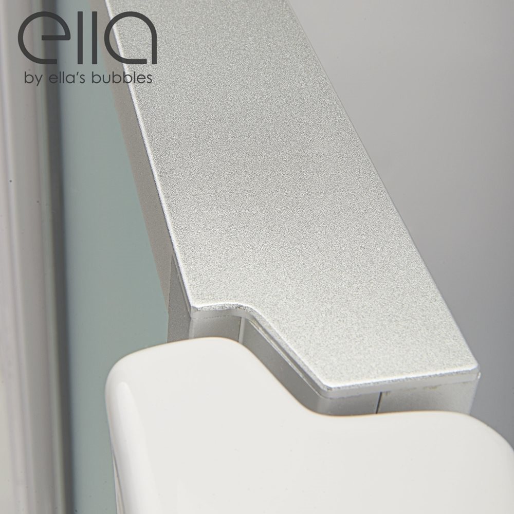 Close-up of the aluminum door hinge and white acrylic frame on an Ella Ultra walk-in tub door