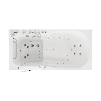 Overhead view of the Ella Shak walk-in tub with outward swing door showing hydro and air jet layout with grab bar