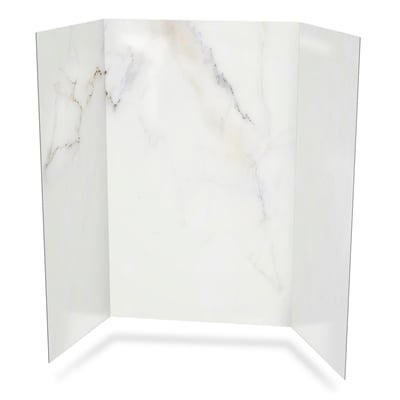 Three-panel walk-in tub or shower wall surround kit in Calacatta Chic marble finish with gold and gray veining
