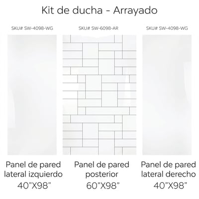 Diagrama del kit de ducha Ella mostrando panel de pared trasero con patrón de azulejo dispuesto de 60 × 98 y dos paneles de pared lateral lisos de 40 × 98