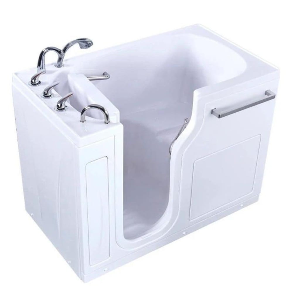 Bañera con puerta Ella S-Class 30x52 en blanco, con puerta a la derecha, grifo cromado, barra de apoyo y umbral de entrada bajo