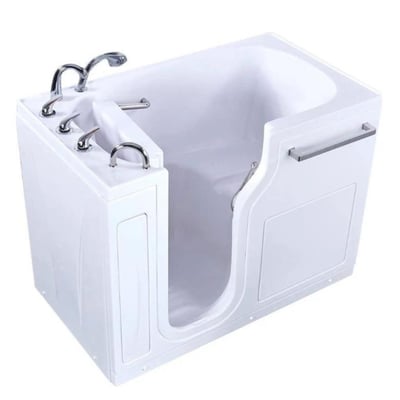 White Ella S-Class walk-in tub 30x52 with right-hand door, chrome faucet, grab bar, and low-step entry threshold