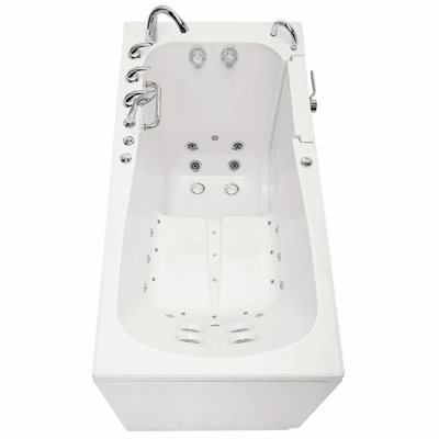 Vista superior de la bañera con puerta Ella Big4Two mostrando hidromasaje y burbujas, suelo antideslizante y grifería cromada