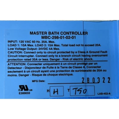 Étiquette de spécifications bleue pour contrôleur de bain Master Bath MBC-298-01-02-01 indiquant une entrée 120 VCA et le marquage de certification UL