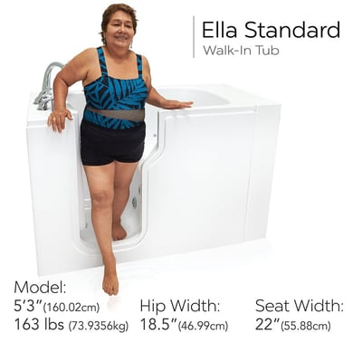 Woman standing inside the open door of the Ella Standard walk-in tub showing interior size with model dimensions listed