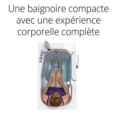 Vue de dessus d’une femme âgée se relaxant dans la baignoire à porte compacte Ella Mobile, montrant l’espace pour tout le corps dans la cuve 26 × 45”