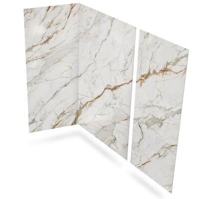 Three-piece Calacatta Luxor shower wall panels with white marble pattern and gold-gray veining for accessible showers