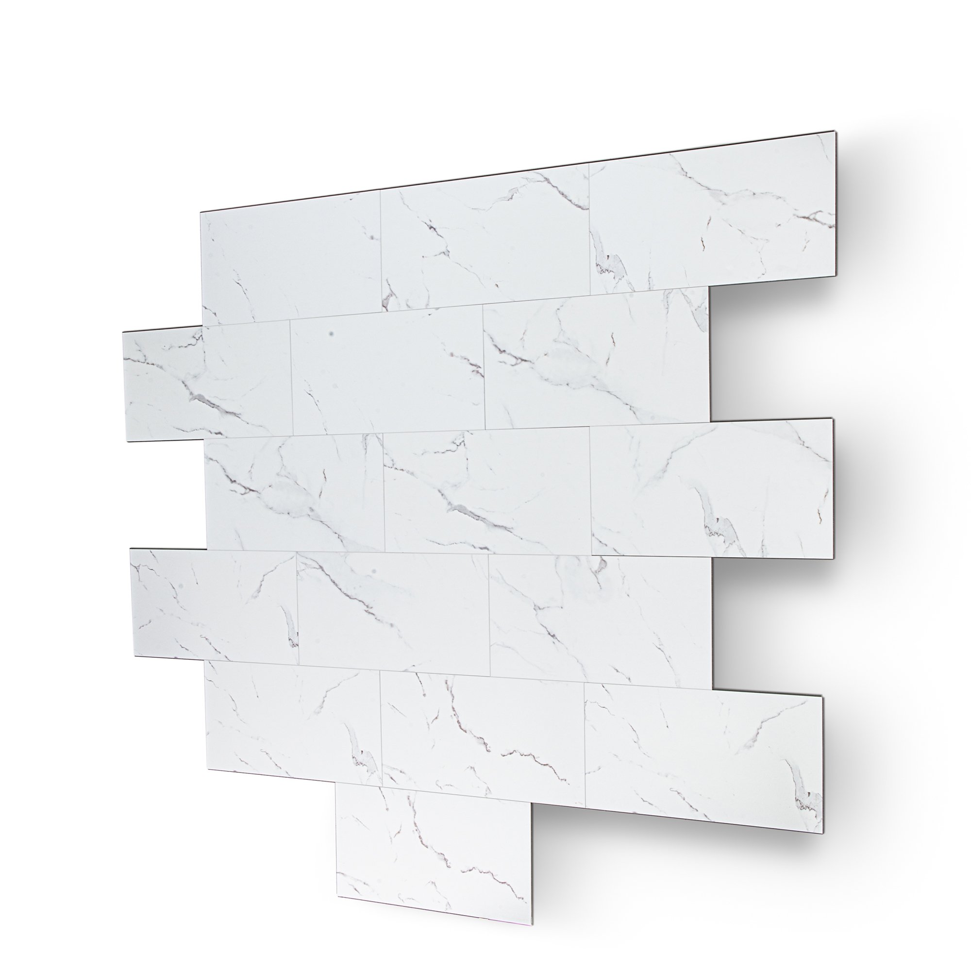 Staggered layout of Carrara white marble-look wall tiles with gray veining for accessible shower surrounds