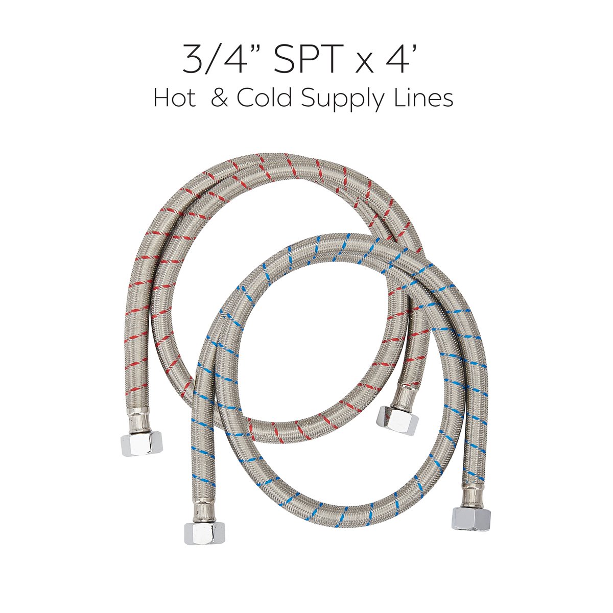 Pair of 3/4 inch braided stainless steel hot and cold supply lines with chrome fittings for an Ella walk-in tub faucet