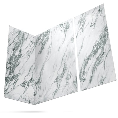 Three-piece Verde Alpi acrylic shower wall panels with white and green marble veining for walk-in tub surrounds
