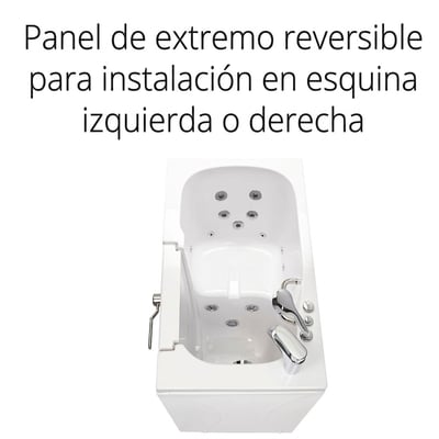 Vista aérea de la bañera de acceso lateral Ella Mobile con puerta abierta de apertura exterior que muestra hidrochorros y panel final reversible