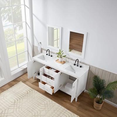 Meuble-lavabo de salle de bains moderne Florence sur pied avec plan en quartz blanc massif -