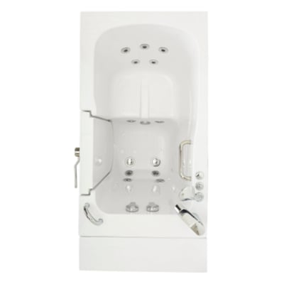 Ella Capri walk-in bathtub with outward swing door, dual massage jets, anti-slip floor, and chrome faucet - top-down view