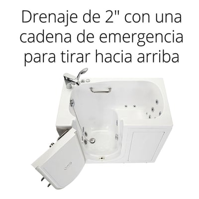 Bañera de acceso lateral Ella con puerta abierta de apertura exterior que muestra el desagüe de 5 cm con cadena de emergencia e hidrochorros