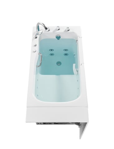 Overhead view of Ella Standard 30x52 walk-in tub showing hydro therapy jets, chrome faucet, and inward swing door with grab bar