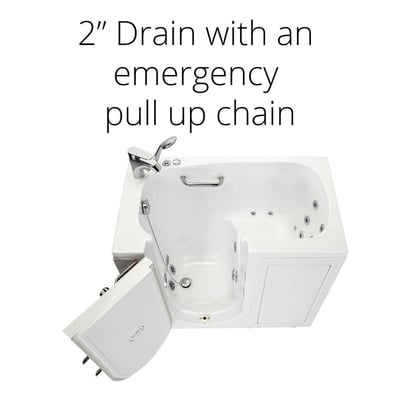 Ella walk-in tub with open outward swing door showing 2-inch drain with emergency pull-up chain and hydro jets