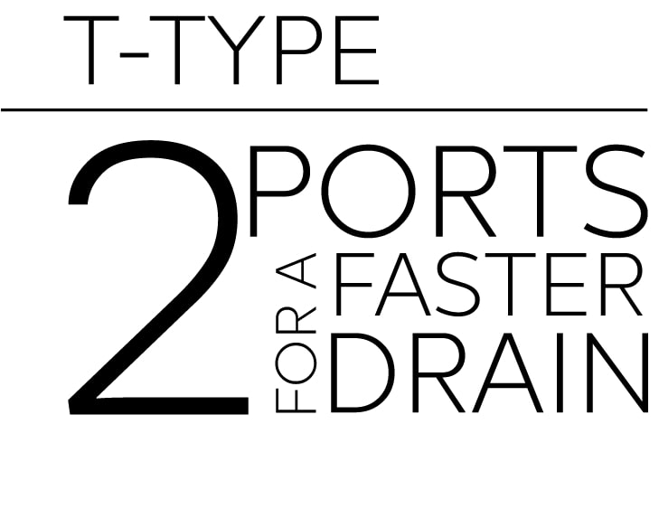 T-Type drain graphic highlighting 2 ports for a faster drain in a walk-in tub